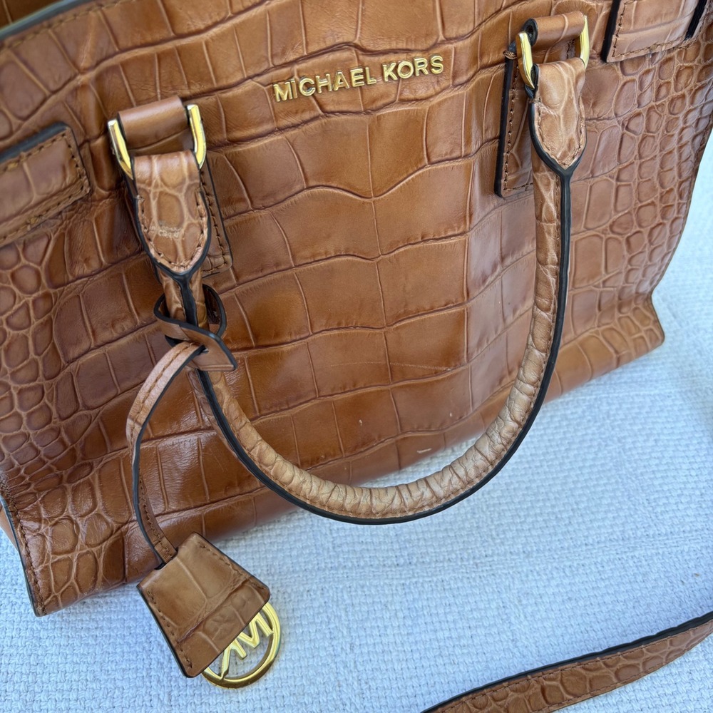 Michael Kors Dillon Tan Brown Crocodile Embossed Crossbody Satchel Tote Bag - Picture 8 of 8